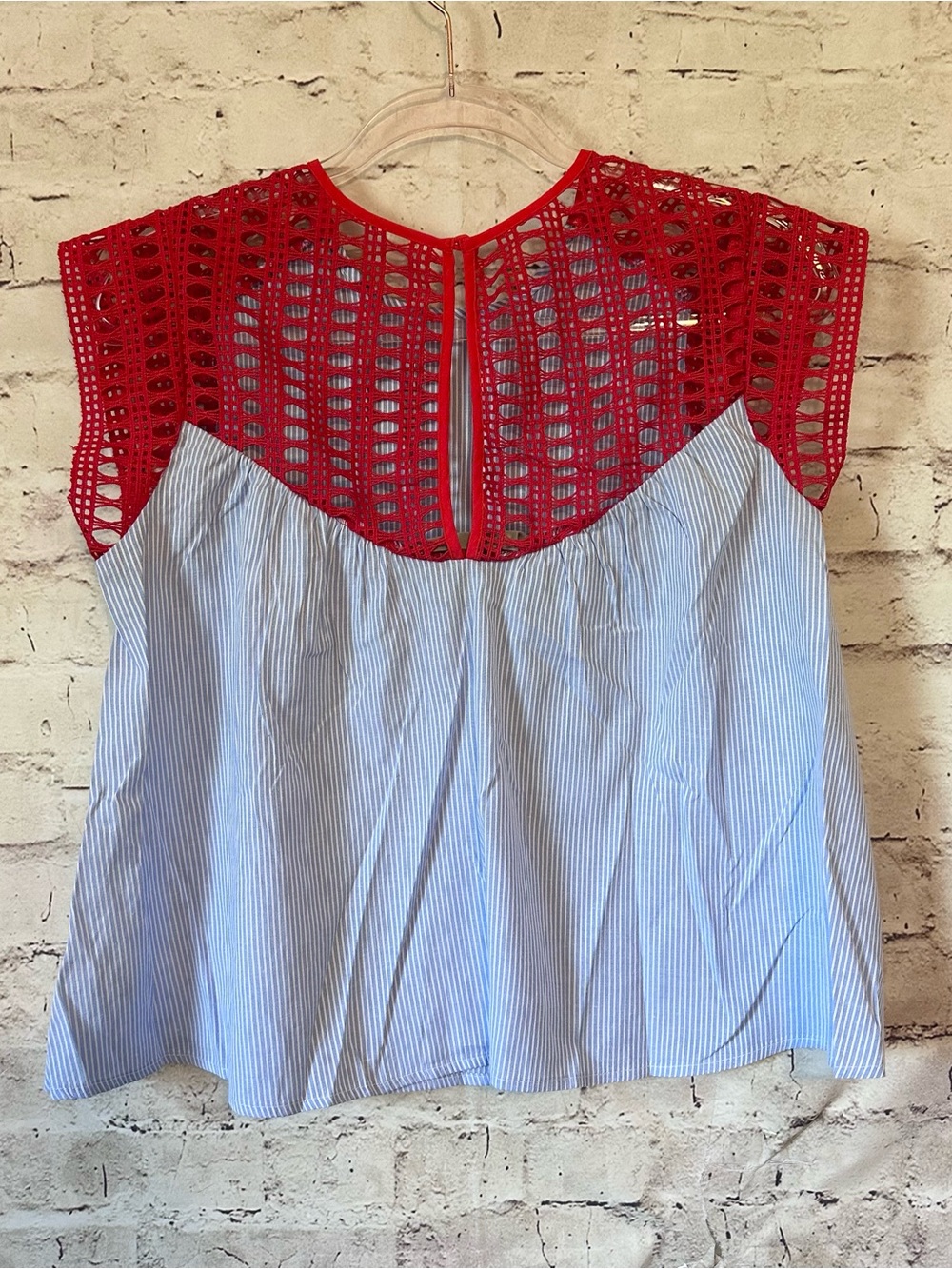 Maeve Red Crochet Yoke Blue-White Striped Camisole